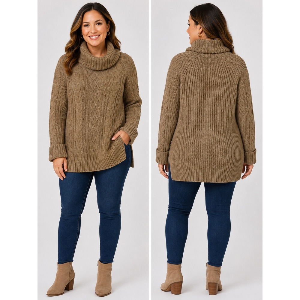 Brown Cable Knit Sweater Medium Earthy High‎ Low Hem Academia Neutral Minimal
